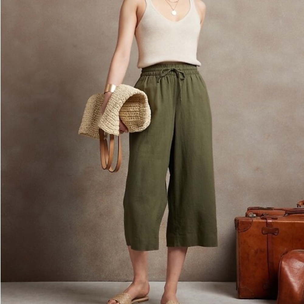Banana Republic Linen Blend Easy Crop Pant Cropped Summer Wide Leg Tie Waist XS